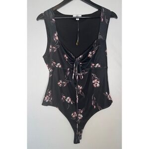 Bar III Womens Floral Tie Front Bodysuit Black Pink Sleeveless Top XL NEW